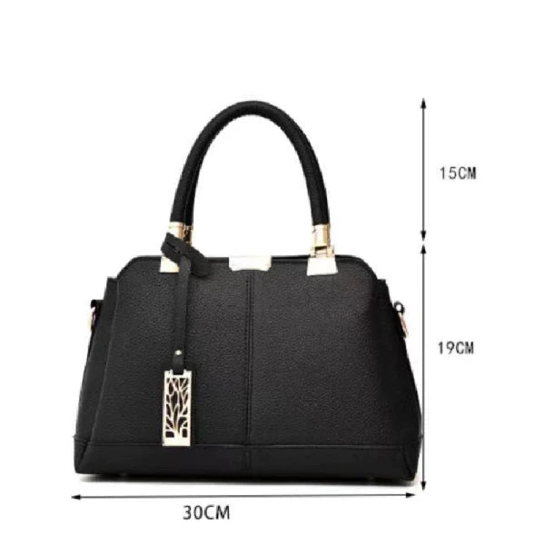 Litchi Textured Zip Closure Double Handle Women Handbag - Black