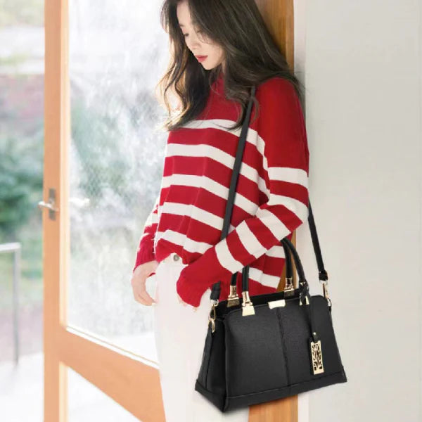 Litchi Textured Zip Closure Double Handle Women Handbag - Black