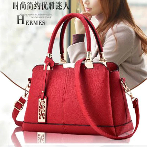 Litchi Textured Zip Closure Double Handle Women Handbag - Wine Red - Shop N Save