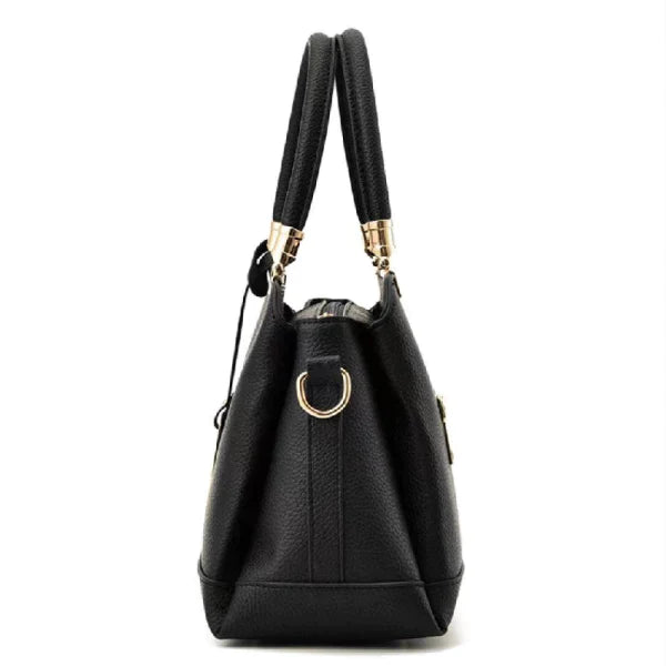Litchi Textured Zip Closure Double Handle Women Handbag - Black