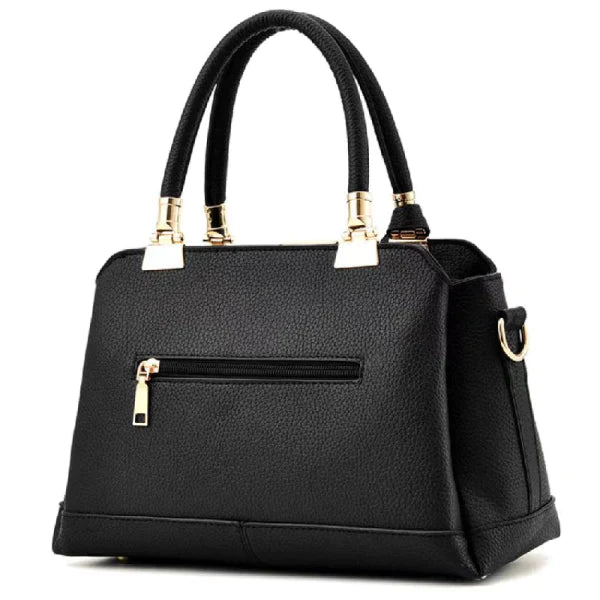 Litchi Textured Zip Closure Double Handle Women Handbag - Black