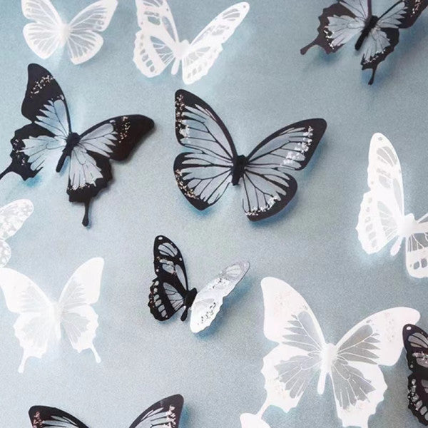 18 Pcs 3D Crystal Shiny Wall Decor Butterfly Sticker Set - White Black