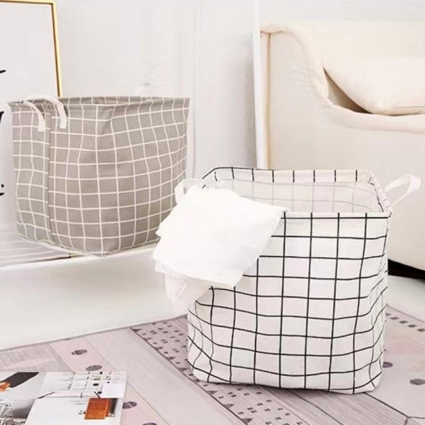Foldable Home Lattice Cotton Linen Laundry Storage Basket