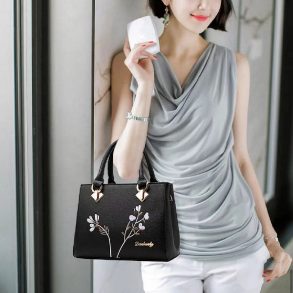 Ladies High Quality Flower Embroidered Handbag - Black - Shop N Save