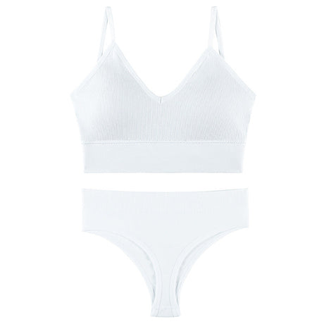 Seamless Bra Set Low Waist Panties Wire Free Bra Bralette Lingerie Brassiere Cotton - White