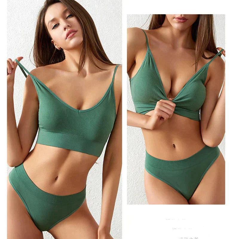Seamless Bra Set Low Waist Panties Wire Free Bra Bralette Lingerie Brassiere Cotton - Khakhi