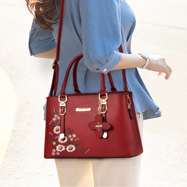 Floral Embroidery Synthetic Women's Quality Handbag - Wine Red
