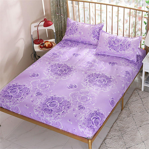 Floral Printed Elastic Easy Fitted Quality Fabric Bed Sheet Cover with 2 Pieces Pillow Covers - 150 X 200cm - Purple