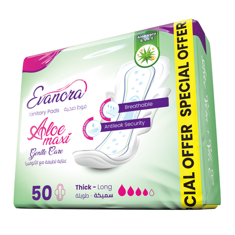 Evanora Sanitary Pads Aloe Maxi 50 Count | Thick & Long | Gentle Care with Aloe Vera + Vitamin E | Ultra Absorbent, Anti-Leak, Breathable | Skin-Friendly Feminine Pads for Women