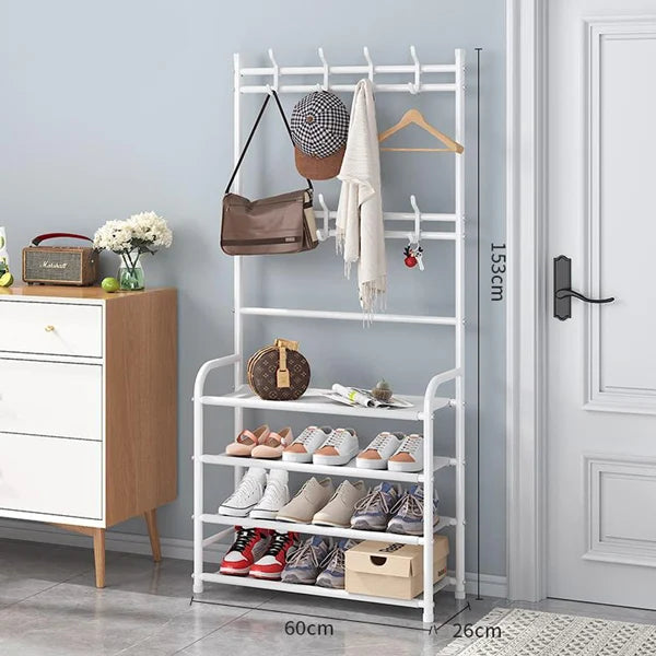 White Metal 4-Tier Shoe Rack &amp; Hat Coat Hanger Multipurpose Organizer with 8 Hooks Perfect for Entryways Bedrooms or Living Rooms - Shop N Save