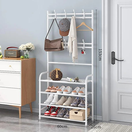White Metal 4-Tier Shoe Rack &amp; Hat Coat Hanger Multipurpose Organizer with 8 Hooks Perfect for Entryways Bedrooms or Living Rooms - Shop N Save