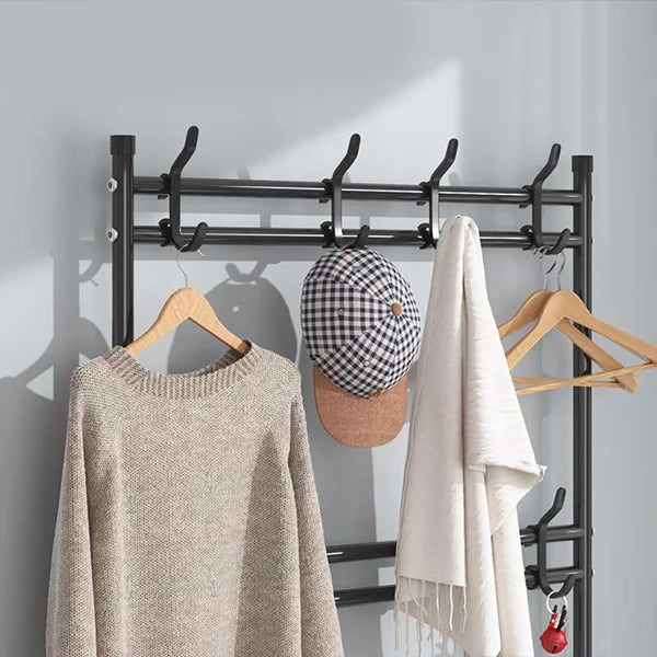 White Metal 4-Tier Shoe Rack &amp; Hat Coat Hanger Multipurpose Organizer with 8 Hooks Perfect for Entryways Bedrooms or Living Rooms - Shop N Save