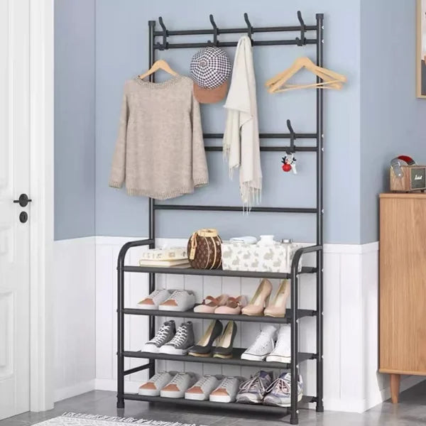 White Metal 4-Tier Shoe Rack &amp; Hat Coat Hanger Multipurpose Organizer with 8 Hooks Perfect for Entryways Bedrooms or Living Rooms - Shop N Save