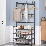 White Metal 4-Tier Shoe Rack &amp; Hat Coat Hanger Multipurpose Organizer with 8 Hooks Perfect for Entryways Bedrooms or Living Rooms - Shop N Save