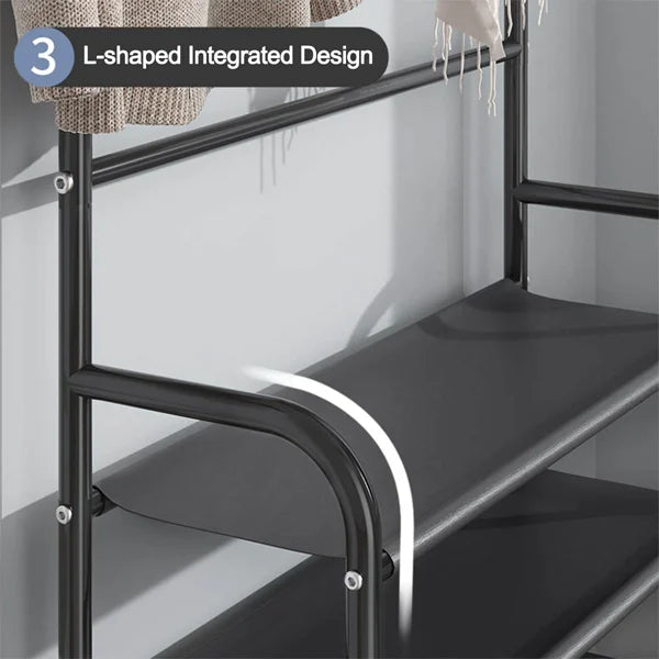 White Metal 4-Tier Shoe Rack &amp; Hat Coat Hanger Multipurpose Organizer with 8 Hooks Perfect for Entryways Bedrooms or Living Rooms - Shop N Save