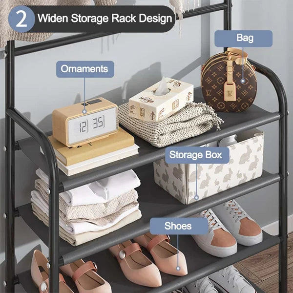 White Metal 4-Tier Shoe Rack &amp; Hat Coat Hanger Multipurpose Organizer with 8 Hooks Perfect for Entryways Bedrooms or Living Rooms - Shop N Save
