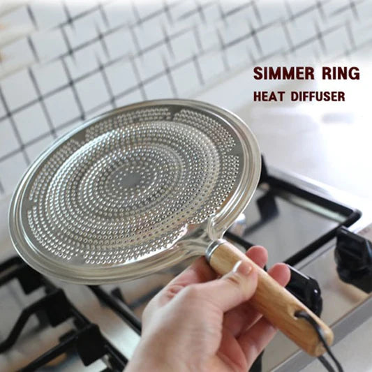 Heat Diffuser Wooden Handle Gas Electric Simmer Ring - Silver