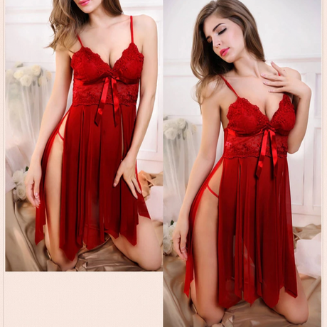 Night Sleep Dress Lace V-Neck For Women - Red