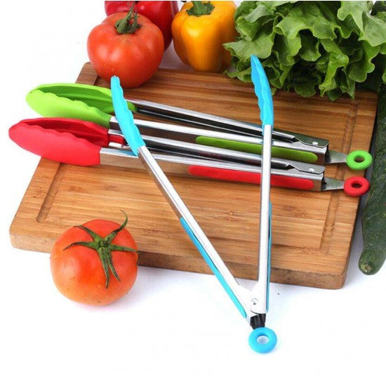 Silicone Food Non-Slip Stainless Steel Kitchen Tong - Black