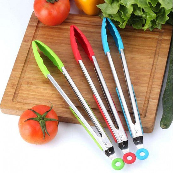 Silicone Food Non-Slip Stainless Steel Kitchen Tong - Black