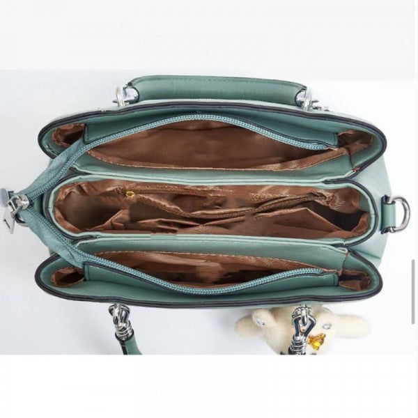Women's Black Casual Large Capacity Handbag with Bear Pendant Double Handle Zipper Closure Synthetic Leather Exterior and Polyester Interior. - Shop N Save