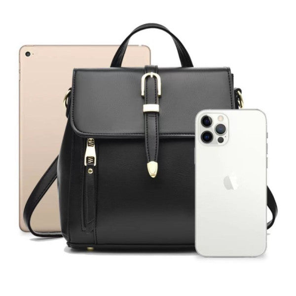 Black PU Magnetic Closure Backpack Sleek and Stylish Flap-Over Design with Adjustable Handle Perfect for Women on the Go! - Shop N Save