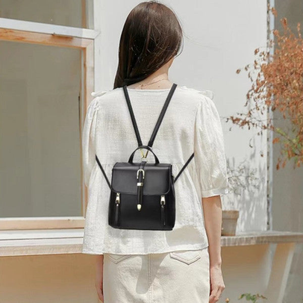 Black PU Magnetic Closure Backpack Sleek and Stylish Flap-Over Design with Adjustable Handle Perfect for Women on the Go! - Shop N Save