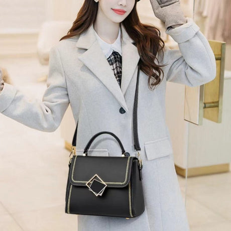Vintage Black PU Leather Messenger Bag Adjustable Handle High-Quality Synthetic Material Perfect for Women's Fashion - Shop N Save