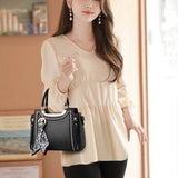 Stylish Black Ribbon Embroidery Handbag with Double Handle Zipper Closure and Large Capacity for Women - Shop N Save