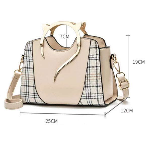 Stylish Metal Handle Beige Women's Handbag with Ring Handle Zipper Closure Lattice Pattern Synthetic Leather Three Compartments - Shop N Save