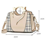 Stylish Metal Handle Beige Women's Handbag with Ring Handle Zipper Closure Lattice Pattern Synthetic Leather Three Compartments - Shop N Save