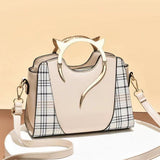 Stylish Metal Handle Beige Women's Handbag with Ring Handle Zipper Closure Lattice Pattern Synthetic Leather Three Compartments - Shop N Save