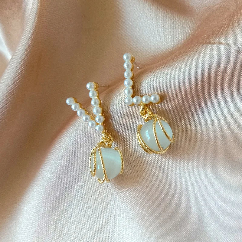 Korea Style Opal Earrings: Asymmetrical V, Gold, Pearl, Allergy-Free