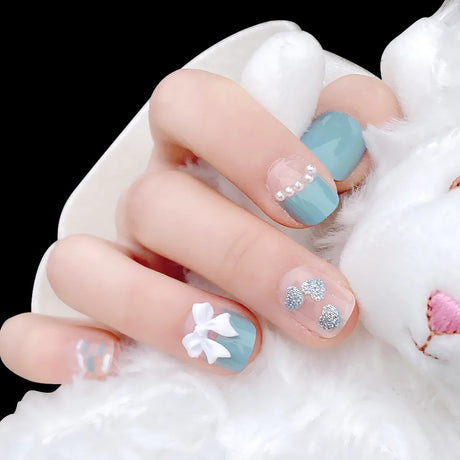 24Pcs Sky Blue Cloud Acrylic Nails: Short, Heart Decal Press-On - Shop N Save