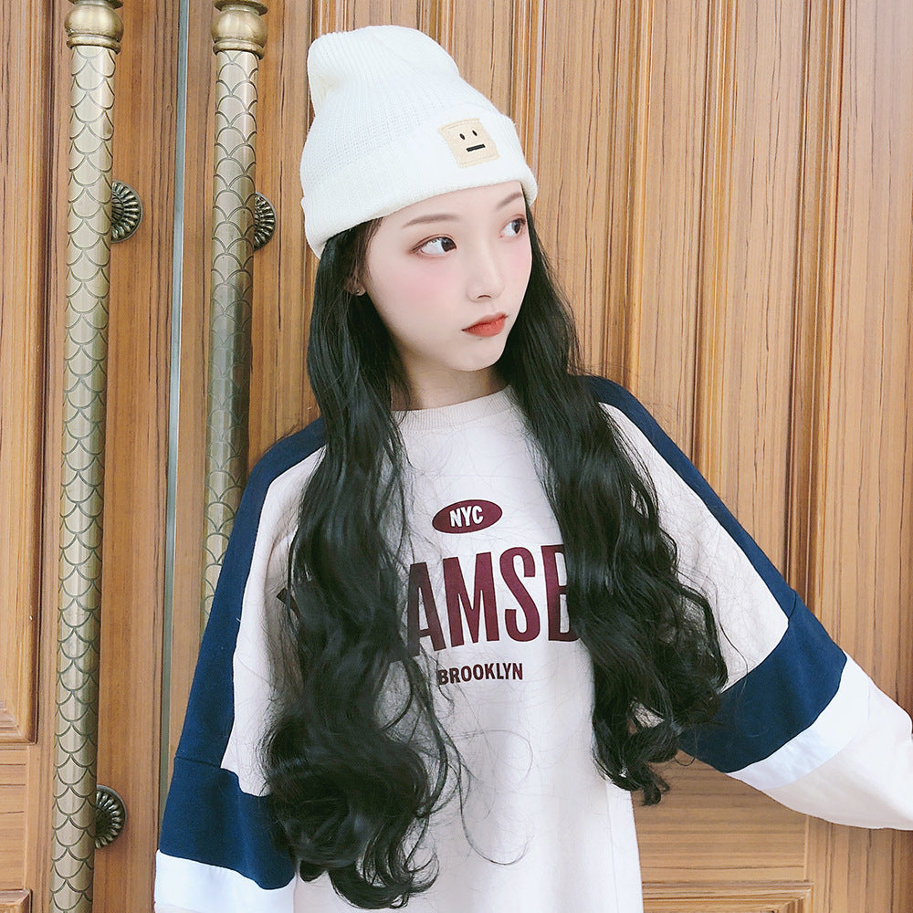 Wig for women with long curly hair, autumn and winter knitted plush hat wig, one-piece women's fashion big wavy wool hat wig
