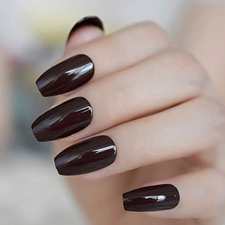 Glam Brown Short Nails: 24PC Shiny Adhesive Set - Casual &amp; Formal Chic - Shop N Save