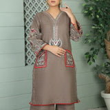 2 Piece Kurti Salwar Embroidery Set - Pure Cotton Collection Stylish Solid Color Light Weight Cotton Fabric Suit Top Bottom Salwar Kameez Indian Pakistani Embroidered Suit For Event Party Outdoor Dress - Khaki - Shop N Save