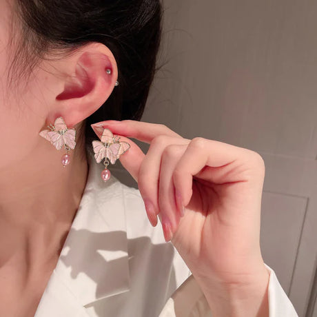 Butterfly Pearl Patched Party Wear Earrings - Pink - Shop N Save