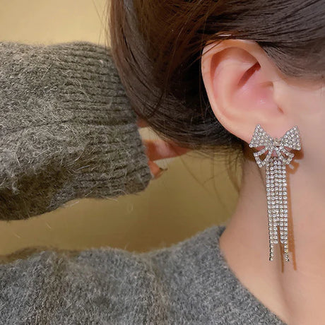 Bow Carved Bridal Style Tassel Ear Tops - Silver - Shop N Save