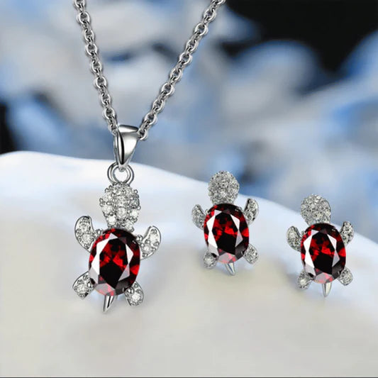 Shiny Turtle Shaped Rhinestone Patched Jewelry Set - Red