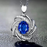 Crystal Blue Beauty Floral Carved Silver Pendant Necklace for Women