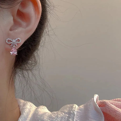 Pink Heart Earrings: Zircon Bow Stud Design - Shop N Save
