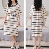 Soft Beige Stripes Print Dress Women's Nightwear Pajama Dress | Short Sleeves Midi Length Round Neck Loose Fit Casual &amp; Sleepwear | Soft Fabric