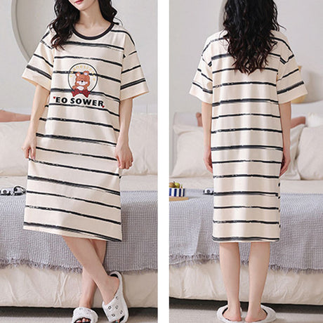 Soft Beige Stripes Print Dress Women's Nightwear Pajama Dress | Short Sleeves Midi Length Round Neck Loose Fit Casual &amp; Sleepwear | Soft Fabric