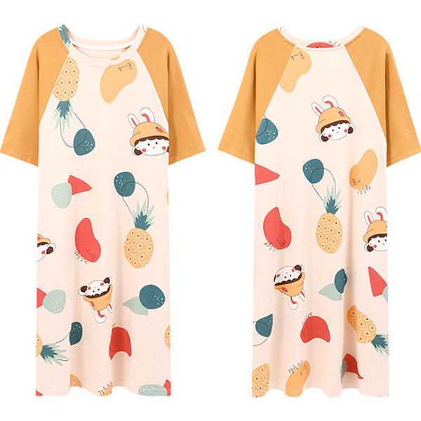 Fruits Print Women's Midi Night Dress Casual Loose Style Short Sleeves Round Neck Sleepwear &amp; Pajama Dress. Perfect for Girls!