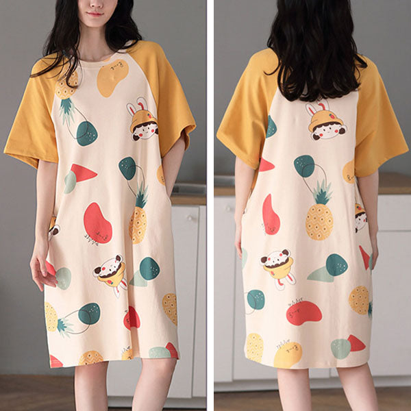 Fruits Print Women's Midi Night Dress Casual Loose Style Short Sleeves Round Neck Sleepwear &amp; Pajama Dress. Perfect for Girls!