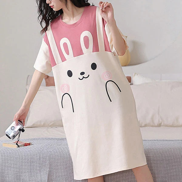 Cute Rabbit Printed Midi Length Pajama Dress for Women Casual Loose Style Short Sleeves Round Neck Pink Color Perfect for Sleepwear &amp; Nightwear.