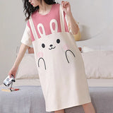Cute Rabbit Printed Midi Length Pajama Dress for Women Casual Loose Style Short Sleeves Round Neck Pink Color Perfect for Sleepwear &amp; Nightwear.