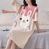 Cute Rabbit Printed Midi Length Pajama Dress for Women Casual Loose Style Short Sleeves Round Neck Pink Color Perfect for Sleepwear &amp; Nightwear.