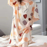 Colorful Cartoon Print Midi Dress for Women Loose and Comfortable Round Neck Short Sleeves Pajama Dress Perfect Nightwear for Girls!